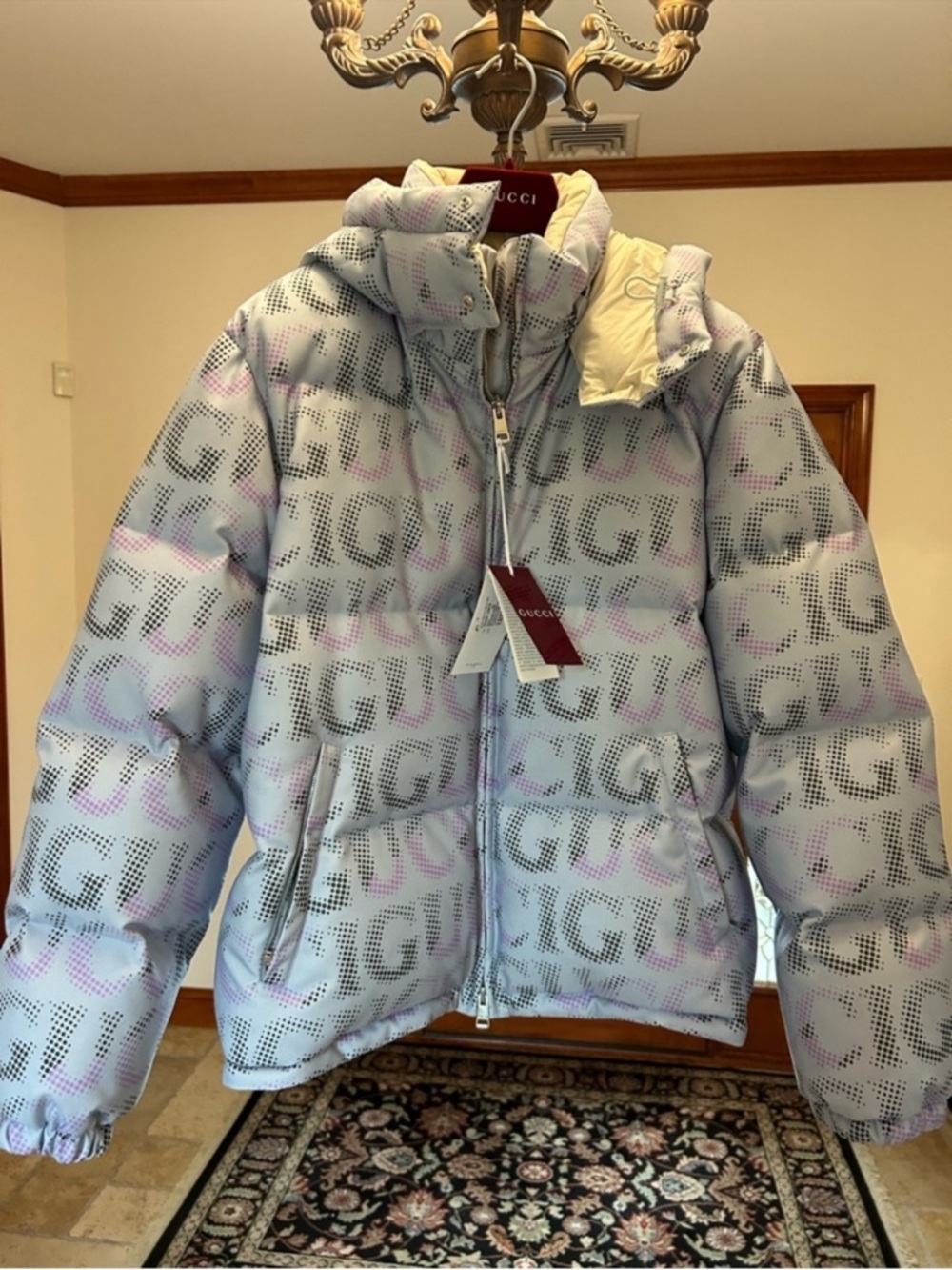 Men’s Gucci printed technical poplin puffer jacket size 54/XXL made in Italy